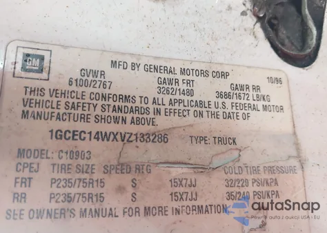 1997 Chevrolet C1500 Fleetside W/T z USA, uszkodzony, nr VIN 1GCEC14WXVZ133286